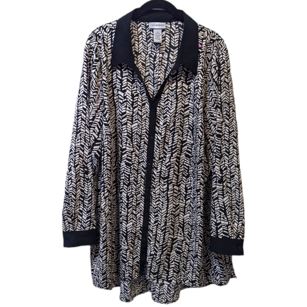 Catherines Monochrome Convertible Sleeve Button Up Collared Plus Size Shirt (1X)